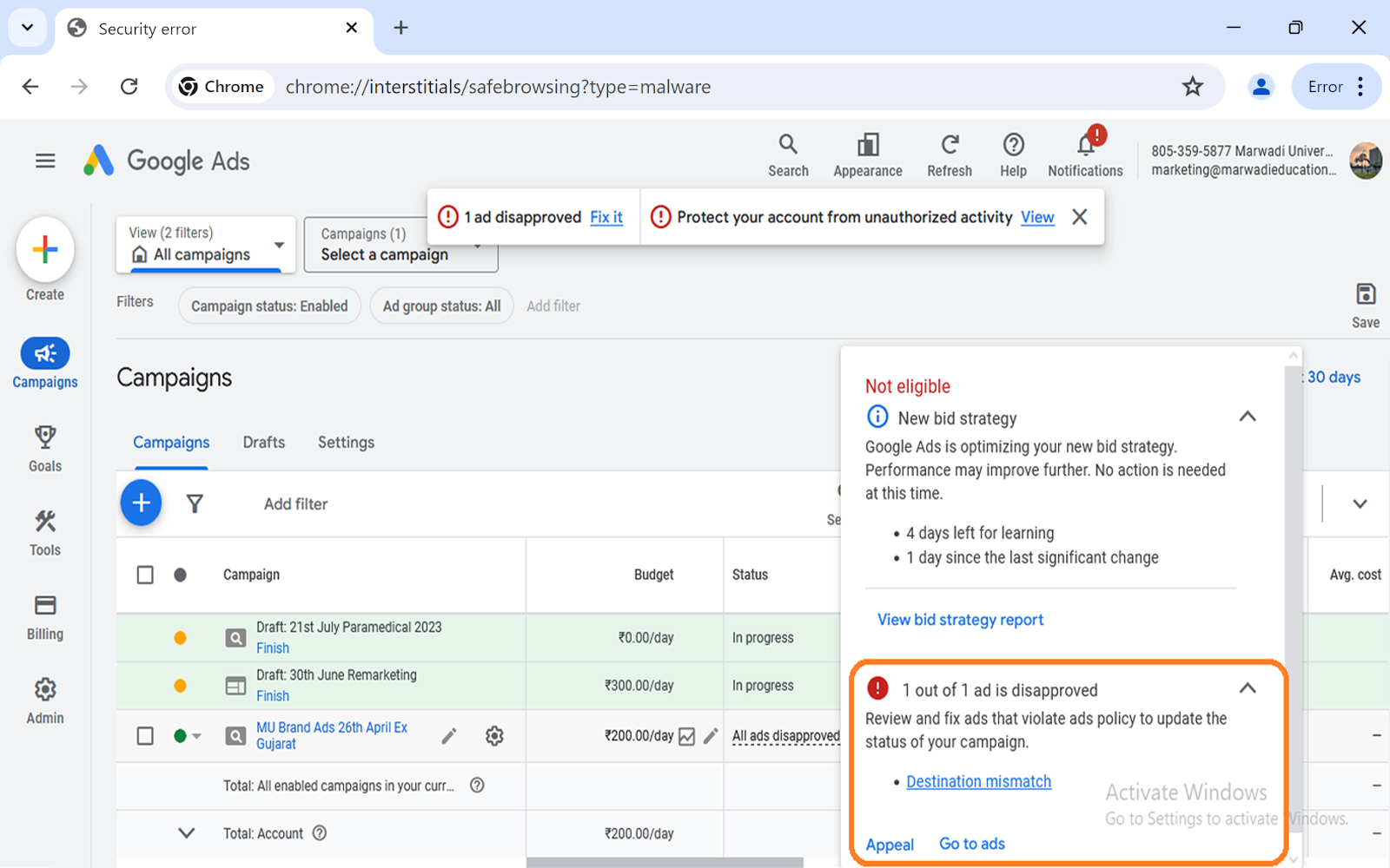 Google Ads từ chối quảng cáo